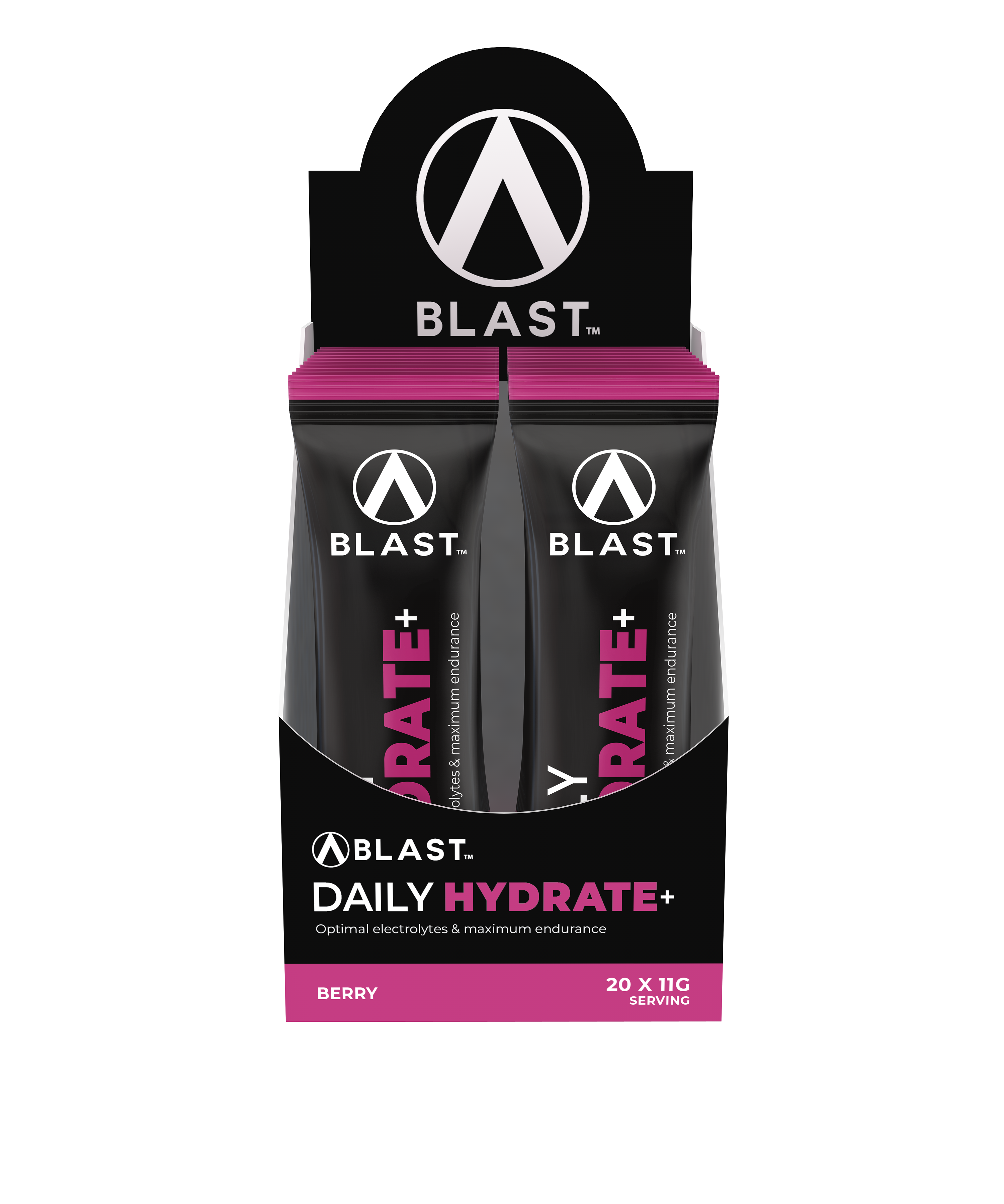 A retail display box containing two BLAST. Daily Hydrate+ stick packs in berry flavor, shown on a clean white background.