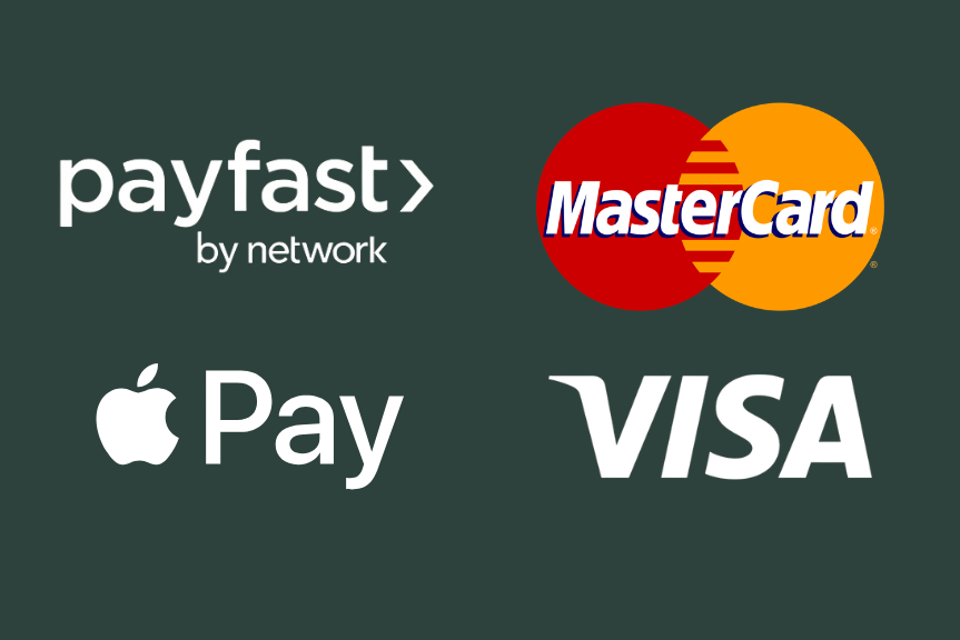 Payment method logos including payfast by network, MasterCard, Apple Pay, and VISA on a dark green background.