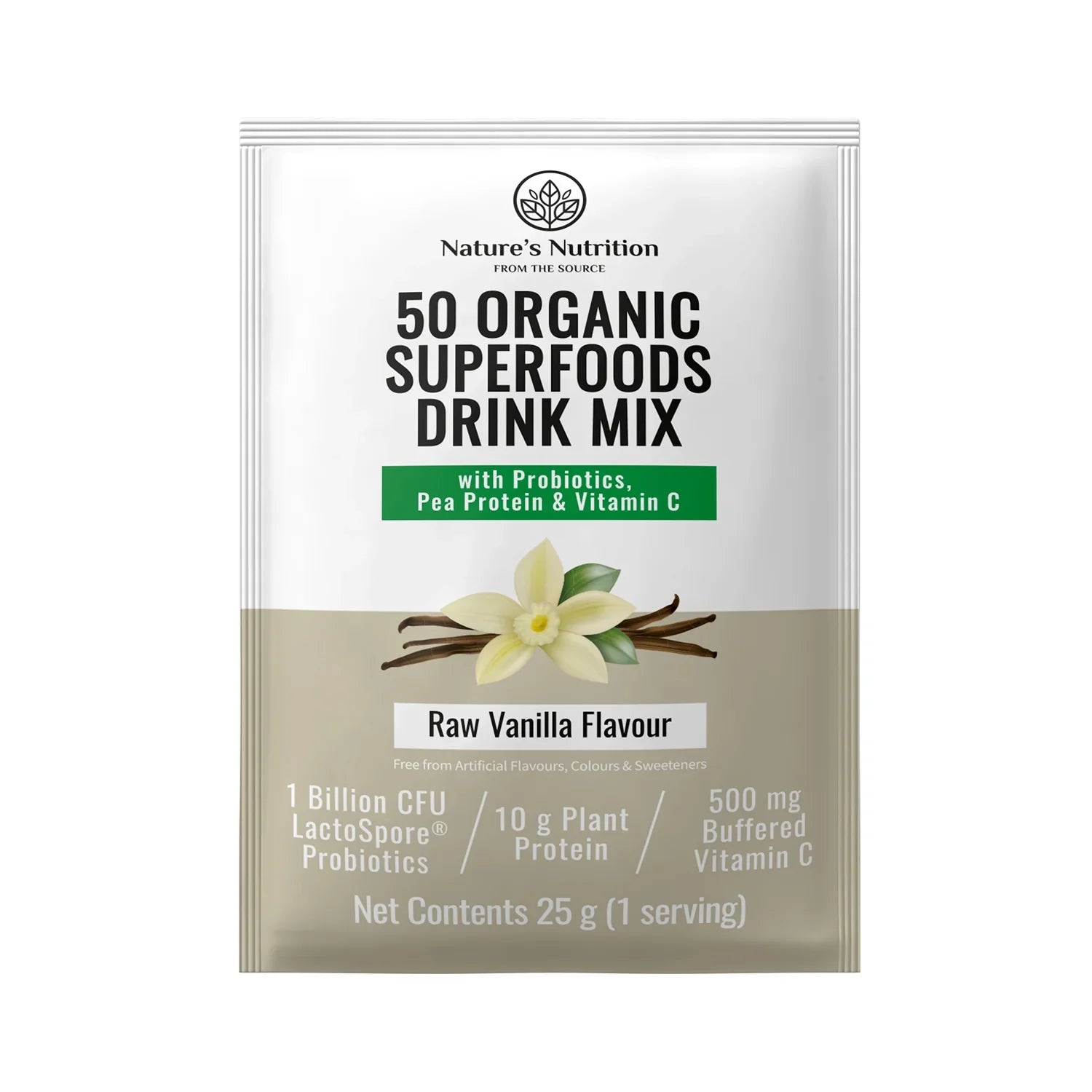Nature's Nutrition 50 Organic Superfoods Drink Mix in a 25g pouch, Raw Vanilla Flavour, featuring vanilla flower and bean illustrations on a white and beige background.