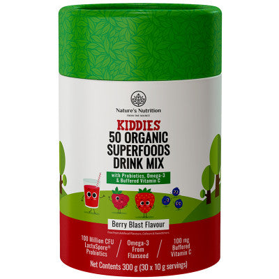 Nature's Nutrition KIDDIES 50 Organic Superfoods Drink Mix container with green lid and red base on a white background