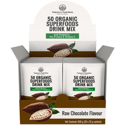 A display box of Nature's Nutrition 50 Organic Superfoods Drink Mix in Raw Chocolate Flavour, showing two individual sachets in front of a larger backing card.